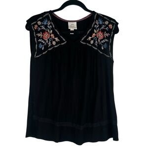Knox Rose Black Mexican Boho Embroidered Floral Cap Sleeve Top Size Small